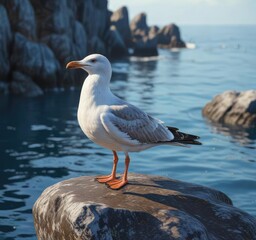 Fototapeta premium A majestic seagull perches proudly on a granite rock submerged in the blue waters of the ocean, driftwood, shore