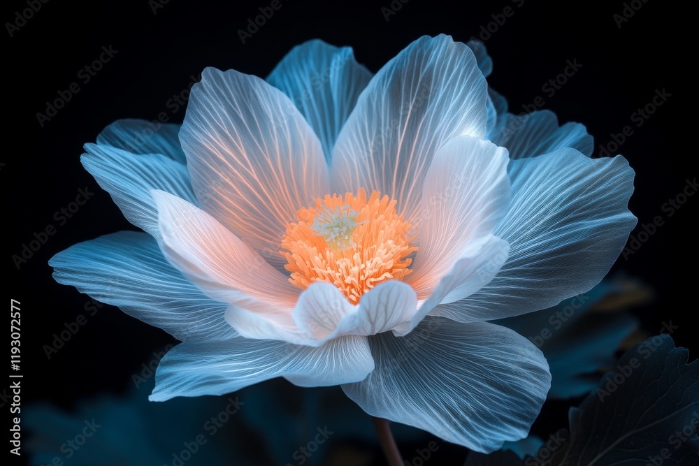 Poster a single glowing flower petal under uv light, with delicate patterns and textures standing out vivid