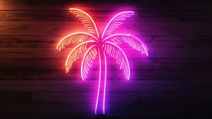 Neon pink and orange palm tree sign on wooden background bright and modern design