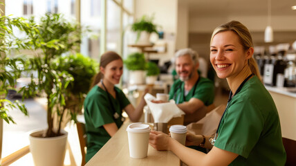 Doctors and nurses in green scrubs enjoying coffee together in cafe, sharing smiles and relaxation