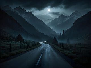 A winding road, shrouded in mist, stretches through a valley surrounded by towering, ominous mountains, their rugged peaks reaching towards the dark, foreboding sky, with subtle hints of moonlight