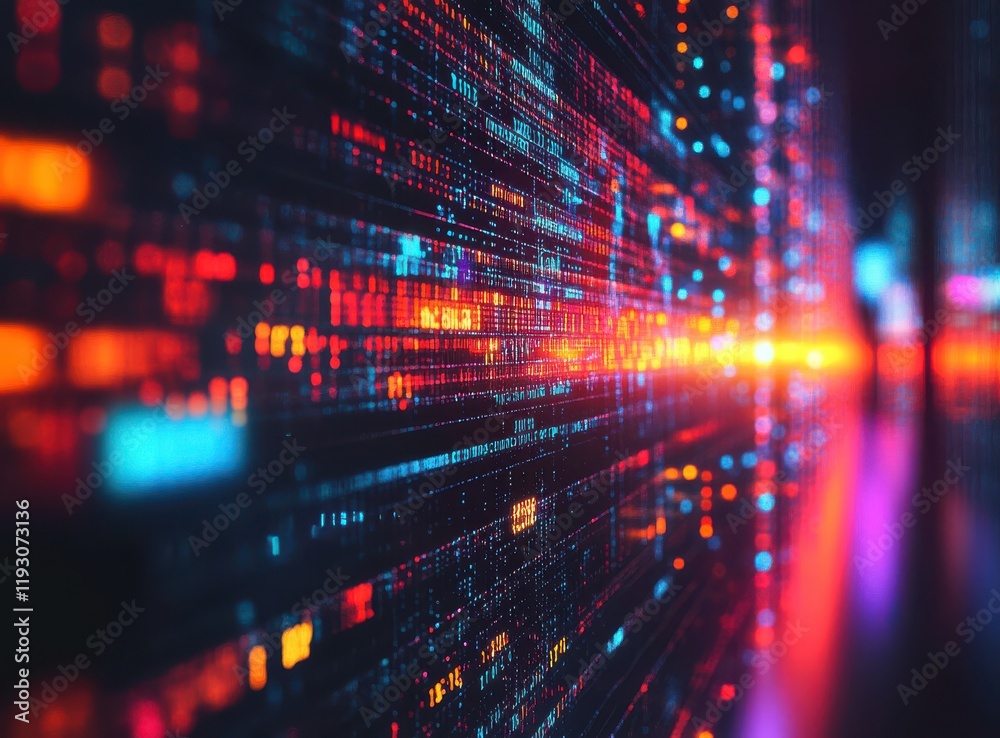 Poster vibrant digital data stream with colorful light patterns representing technology, speed, and connect