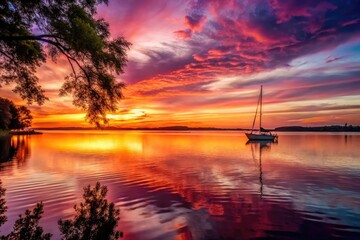 A maroon-colored sunset over a serene lake, with a few scattered trees and a sailboat in the distance, water, natural scenery, reflection