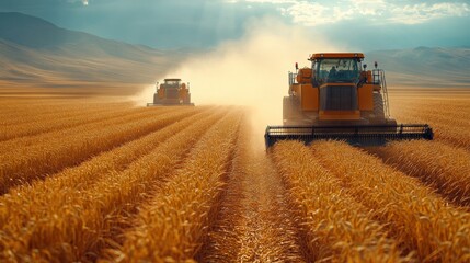 Obraz premium Harvesting Machines Working in Golden Wheat Fields Under Dramatic Sky, Dust Clouds Rising in Scenic Rural Landscape, Agriculture Equipment at Work