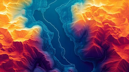 Obraz premium A vibrant topographic map showing mountains, rivers, and forests in vivid detail.