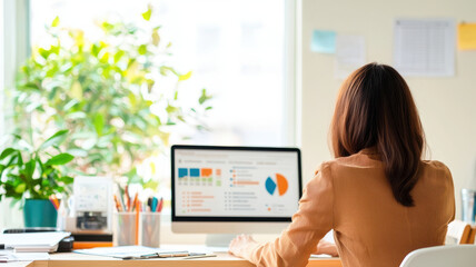 businessperson working at desk, analyzing data on computer screen in bright office