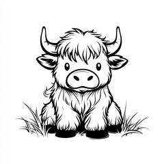 Cute cartoon yak sitting in grass, children's book illustration