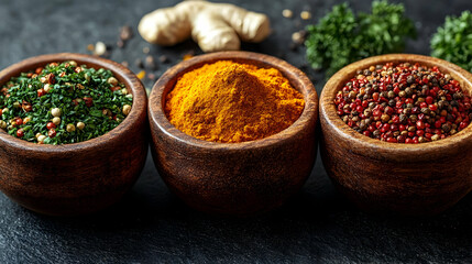Vibrant Spices and Herbs in Wooden Bowls on Dark Background