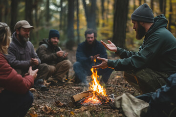 A group of men sitting around a campfire in the woods at night. Generative AI
