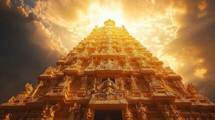 A majestic golden Hindu temple illuminated by the sunset, exuding divine beauty and cultural grandeur. Generative by AI.
