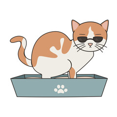 cute hand drawn cartoon character cat poop in the litterbox funny vector illustration isolated on white background