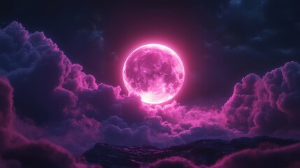 Pink full moon illuminating a night sky with dramatic clouds and water underneath