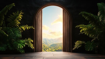 Fototapeta premium Open Door to Paradise: A majestic arched doorway, framed by lush tropical foliage, reveals a breathtaking vista of sun-drenched mountains and valleys.