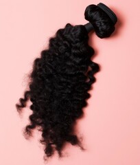 Bundle of Curly Black Hair Extensions on Pink Background