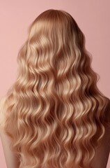 Fototapeta premium Back View of Long Wavy Blonde Hair Against Pink Background