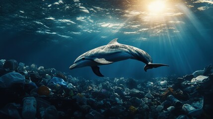 A dolphin stuck on a rope under the sea with a beautiful light