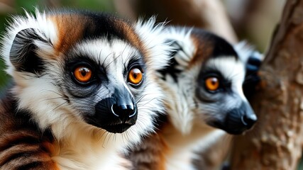 Obraz premium Close up of two lemurs showcasing striking eyes and fur, highlighting wildlife beauty and nature conservation