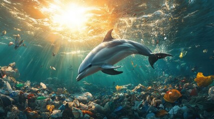 Fototapeta premium A dolphin stuck on a rope under the sea with a beautiful light
