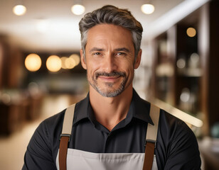 Uśmiechnięty przystojny mężczyzna w średnim wieku barista w fartuchu