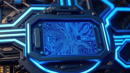 Obraz premium A blue holographic circuit board is embedded in a futuristic device with intricate mechanical parts and glowing blue lines surrounding it, innovation, digital