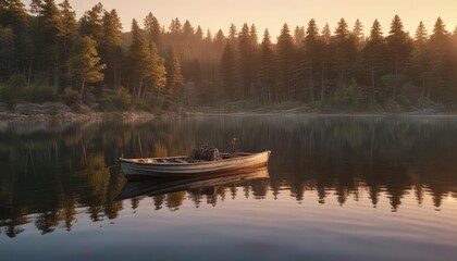 Obraz premium A boat glides across a peaceful lake at sunset, serene, water