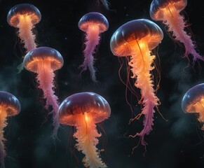 Fototapeta premium A nebulous mass of colored jellyfish suspended in a dark and turbulent medium, imbuing the scene with an air of turmoil, ethereal mist, jellyfish smoke