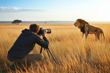 A man is standing in a field, capturing a picture of a lion. Generative AI