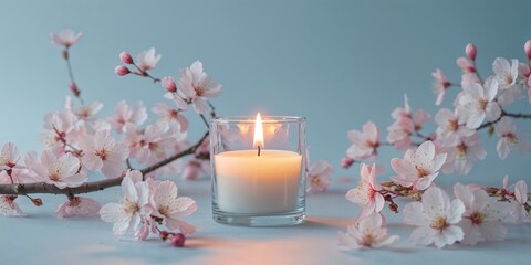 lit candle in glass holder surrounded by delicate cherry blossoms on soft blue background