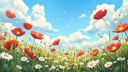 Fototapeta premium Beautiful meadow with colorful wildflowers against a blue sky background. 