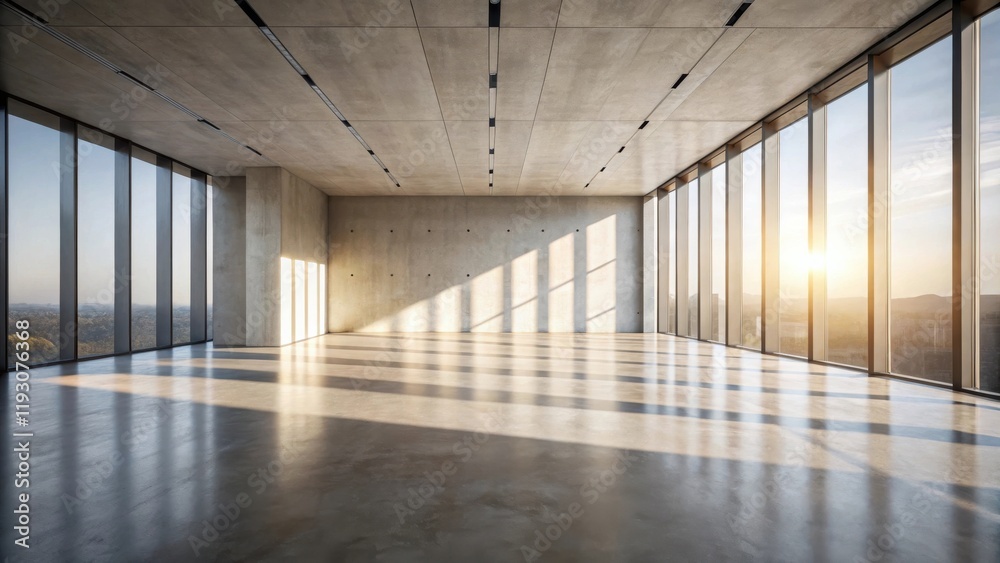 Poster Vast empty modern office space with panoramic windows and sunlight streaming through