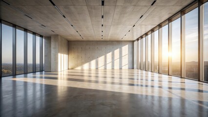 Naklejka premium Vast empty modern office space with panoramic windows and sunlight streaming through