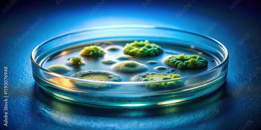 Poster microbial growth in petri dish a close-up view of green colonies cultivated in a laboratory setting