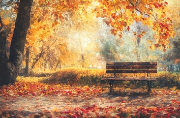 Autumn park with colorful leaves and a wooden bench, autumn background.