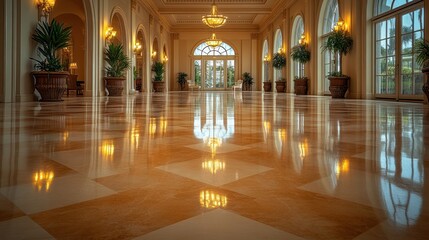 Luxurious hotel lobby with marble floor and arched windows.