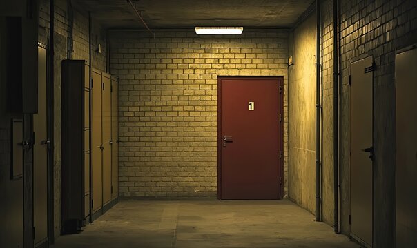 Red door in dimly lit basement corridor with brick walls, pipes, and electrical boxes.