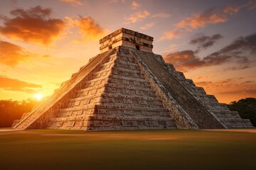 A stunning view of Uxmal Pyramid of the Magician surrounded by lush greenery, reimagined with Aztec-style carvings and details