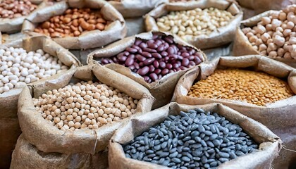 Naklejka premium A market display featuring bags of different dried beans in sacks at a bazaar
