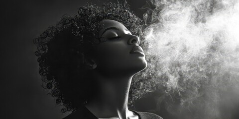 Woman with curly hair is smoking a cigarette