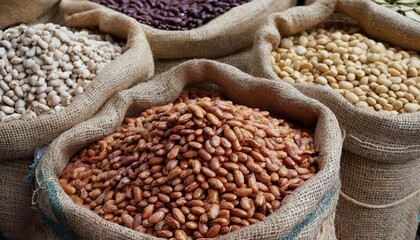 Fototapeta premium A market display featuring bags of different dried beans in sacks at a bazaar