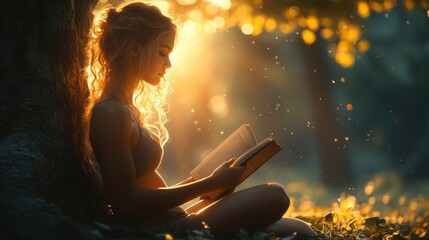 a girl reading a book in the tree, with nice view of golden sun light