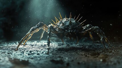 A mysterious, spiky deep-sea creature with glowing details, resting in a dark, underwater environment, evoking an alien world.