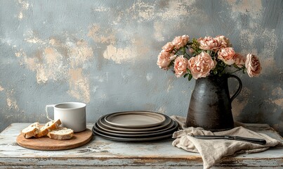Rustic table setting with pink flowers, bread, and tableware against a textured wall.