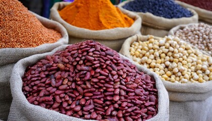 Fototapeta premium A market display featuring bags of different dried beans in sacks at a bazaar