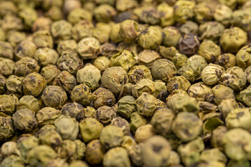 Dry green pepper spice close up. Green peppercorns macro view.