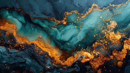 Obraz premium Abstract Marble Marbled Ink Painted Blue White Swirls Gold painted Splashes
