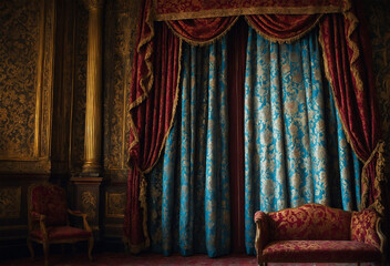 Heavy brocade curtains, ornate patterns, rich colors, antique theater setting