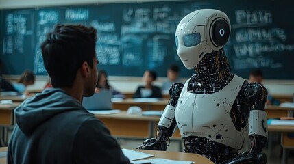 A sleek, futuristic robot standing in a classroom, symbolizing AI integration into education and advanced learning technologies.