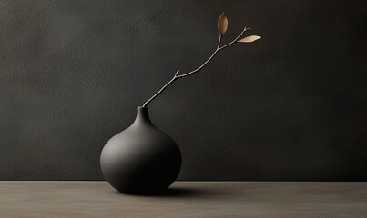 Single dried branch in a black vase on a table against a dark wall, minimalist still life for home decor.
