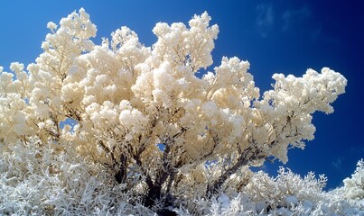 Snow-covered trees against a clear blue sky, ideal for winter scenes.
