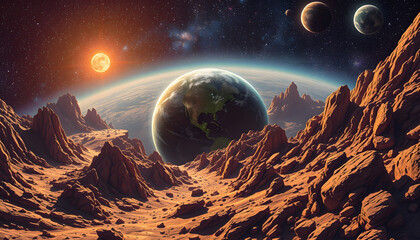 View of planet earth form outer sapce, graphic novel art, with white tones